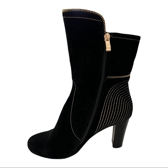 Worn once: heeled boots black gold side zip size 12 ankle - Picture 1 of 8